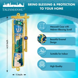 TALISMAN4U Blue Enamel MEZUZAH CASE with Scroll Hebrew Parchment Gold Plated Crystals Hand Painted Jerusalem Design Protection Door Mezuza from Israel 5 Inch Judaica Gift for Home (Light Blue)