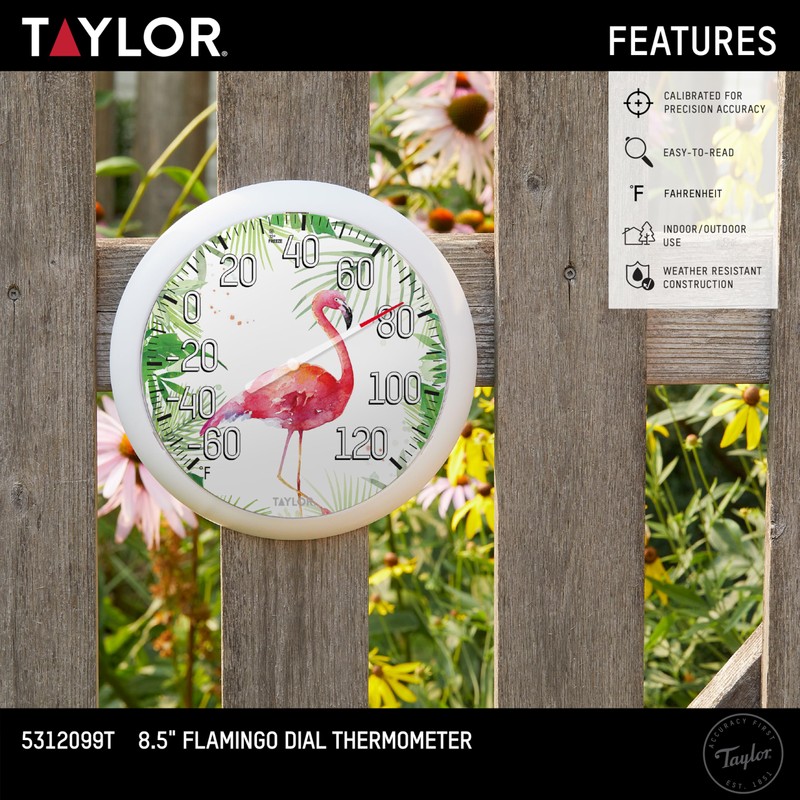Taylor Flamingo Indoor Outdoor Dial Thermometer, Wireless Thermometer with Easy