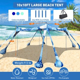 Wabolay Beach Tent Canopy Pop Up Shade 10x10ft Sun Shelter Portable Family UPF50+ with 8 Sandbags-2 Sand Shovel-4 Aluminum Poles-Ground Pegs-Carrying Bag for Outdoor Camping Fishing Backyard Picnic