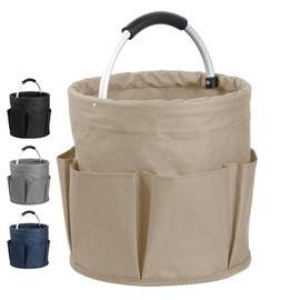 IHOMAGIC Freestanding Tool Basket, Foldable Storage Box, Garden Tools Bag, 1 Main Compartment with 6 Outer Pockets, Storage Basket for Camping, Day Travel, Hiking, Barbecue, 28 x 28 cm, 17 L, Khaki