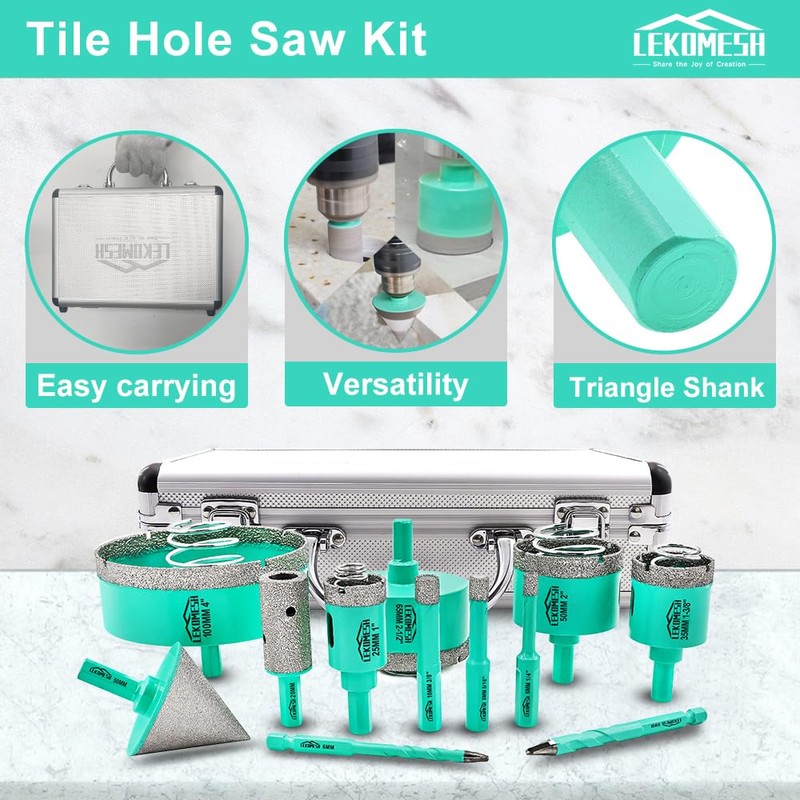 LEKOMESH Tile Hole Saw Kit - (6/8/10/25/35/50/65/100mm+20mm Finger Bit+50mm Chamfer