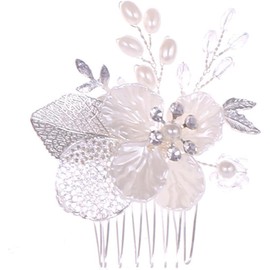 Wedding Flower Girl Hair Combs Bridal Rhinestones Hair Clips Pearl Hairpins Hair Accessories with Gold Leaves for Women and Girls (Silvery, One Size)