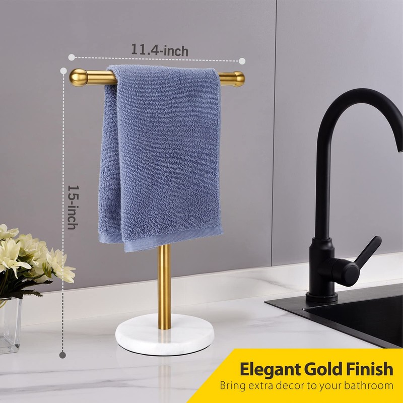 Gold Hand Towel Holder Stand with Heavy Marble Base, T-Shape