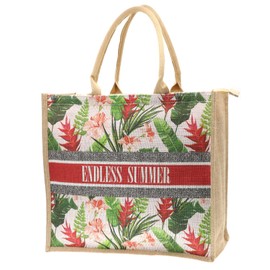 JNF - Bolsa de playa de paja de yute para mujer, bolsa de arpillera con cierre, reutilizable, bolsa de compras con asa, Hojas de bolsa de arpillera, L