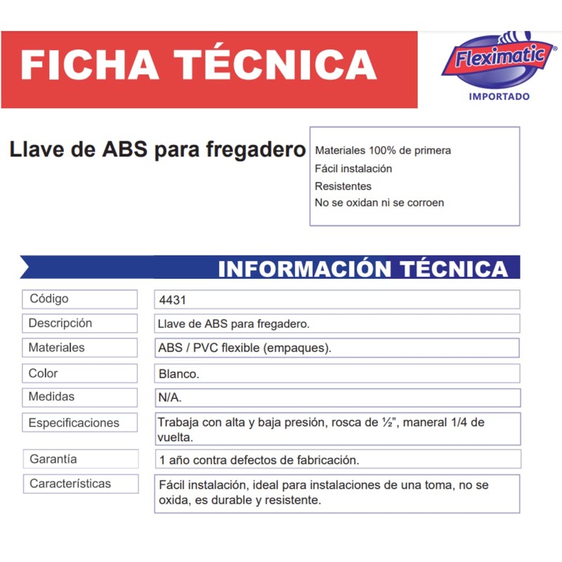 Fleximatic 4431 Llave para Fregadero de ABS, 1/4 de Vuelta,