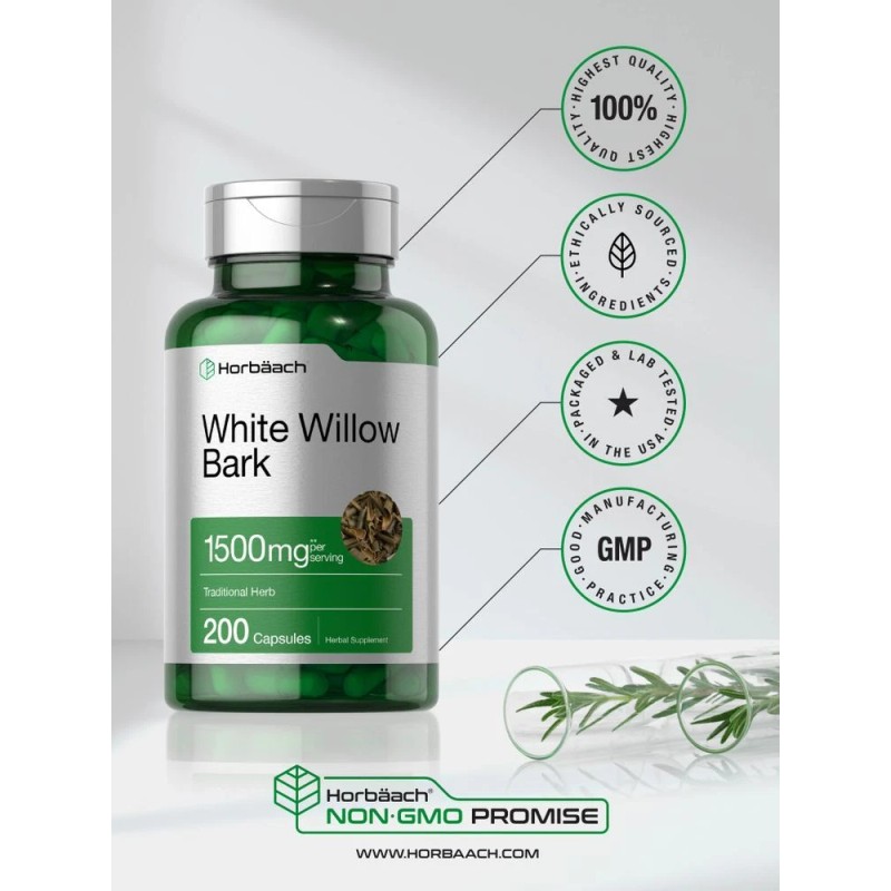 Horbäach White Willow Bark Capsules | 1500mg | 200 Count