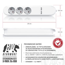 Bearware - Steckdosenleiste 3 Fach Steckerleiste mit 2X USB Ladeports - Mehrfachsteckdose mit 2 USB Ports 3680W - Steckerleiste mit Berührungsschutz Weiß