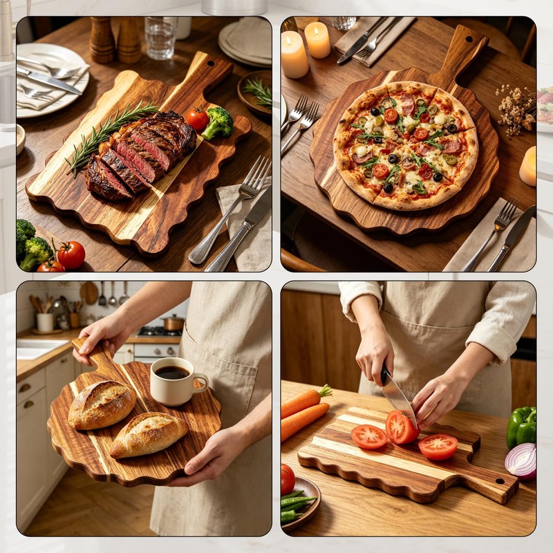 2Pcs Acacia Wood Scalloped Cutting Board with Handle Wooden Chopping