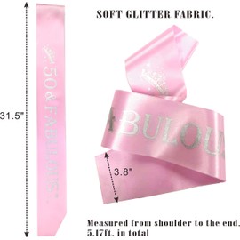 50th Birthday Sash and Tiara for Women - Fabulous Glitter Sash + Hearts Rhinestone Pink Premium Metal Tiara for Her, 50th Birthday Gifts for 50 Party