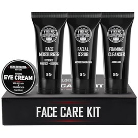Viking Revolution Kit de cuidado facial de la piel para hombres, incluye hidratante facial rejuvenecedor, exfoliante facial de microdermoabrasión, limpiador espumoso (5 onzas cada uno) y crema de ojos