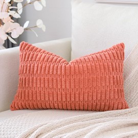 OTOSTAR Corduroy Decorative Throw Pillow Covers 12x20 Inch Super Soft Boho Striped Rectangle Pillow Covers Case Modern Cushion Covers for Sofa Couch Bedroom Car Decor Coral