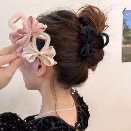 Rannyrena Large Bows Mesh Hair Clips for Women Pearl Flower Bubble Hair Barrettes for Thick Thin Hair Chiffon Silk Bowknot Claw Clips Hair Accessories (Satin Small Bow Set)
