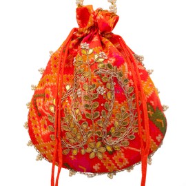 Potli Clutch Batawa Bag Purse Embroidered Embellished Handmade Traditional Ethnic Golden Work Wedding Wristlet Ladies Handbag for Girls Women for Party Wedding Special Occasion and Gifting (Orange)