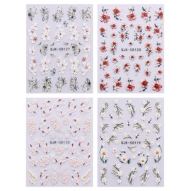 JMEOWIO 3D Embossed Flower Nail Art Stickers Decals Self-Adhesive 5D Spring Summer Flora Nail Supplies Nail Art Design Decoration Accessories 4 Sheets