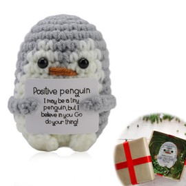 Cute Positive Funny Penguin Wool Knitting Doll, Mini Pocket Hug Penguin Doll with Positive Card Crochet Encourage Penguin Creative Plush Emotional Gifts for Adult Lovers Birthday Thanksgiving