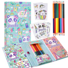 PowerKing Colorear Almohadillas Kit para Niñas, 60 Páginas para Colorear y 16 Lápices de Colores para Dibujar Pintar, Regalo de Cumpleaños para Niñas Niños (Panda Páginas para colorear Set NEW)