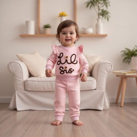 Toddler Baby Girl Matching Sister Outfit Ruffled Long Sleeve Lil Sis/Big Sis Flower Embroidery Sweatshirt Pullover and Elastic Stripe Pants 2Pcs Girls Sister Clothes (Pink Lil Sis, 6-12 Months)