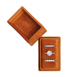 BLUTETE Rectangle 3 Slots Italian Velvet Jewelry Box Engagement Wedding Photo Ring Box Keepsake Box Triple Ring Gift Box (Burnt Orange)