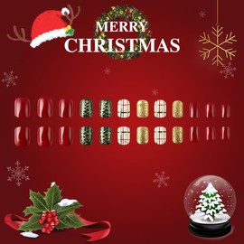 Short Christmas Press on Nails Christmas Tree Design Fake Nails Glossy Red Gold Green Winter Holiday Nail Art Decorations Short Square Christmas Glue on Nails Cute Stick on Nails for Women