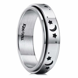King Will 6mm Silver Stainless Steel Ring Spinner Ring Moon Star Fashion Anxiety Relief Rotatable Wedding Ring For Men Women 12