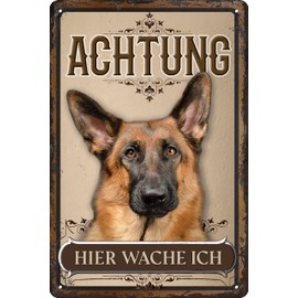 30 x 20 cm Weatherproof Dog Tin Sign, Warning Warning Gate Sign, Achtung - Hier Wache ich! (German Shepherd)
