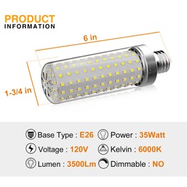 tebio 35W LED Corn Light Bulbs, 300W Equivalent, 6000K Daylight White, 3500 Lumens, E26/E27 Base, Non-Dimmable Energy Saving Bulbs for Garage, Warehouse, Basement, 3-Pack