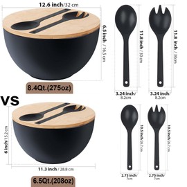 ECOHAGOU 12.6" Extra Large Salad Serving Bowl Set with Wooden Lid&Utensils, 8.4Qt., Bamboo Fiber Salad Bowl with Servers for Kitchen, Big Bowl for Mixing Salad,Fruit,Pasta (Matte Black)