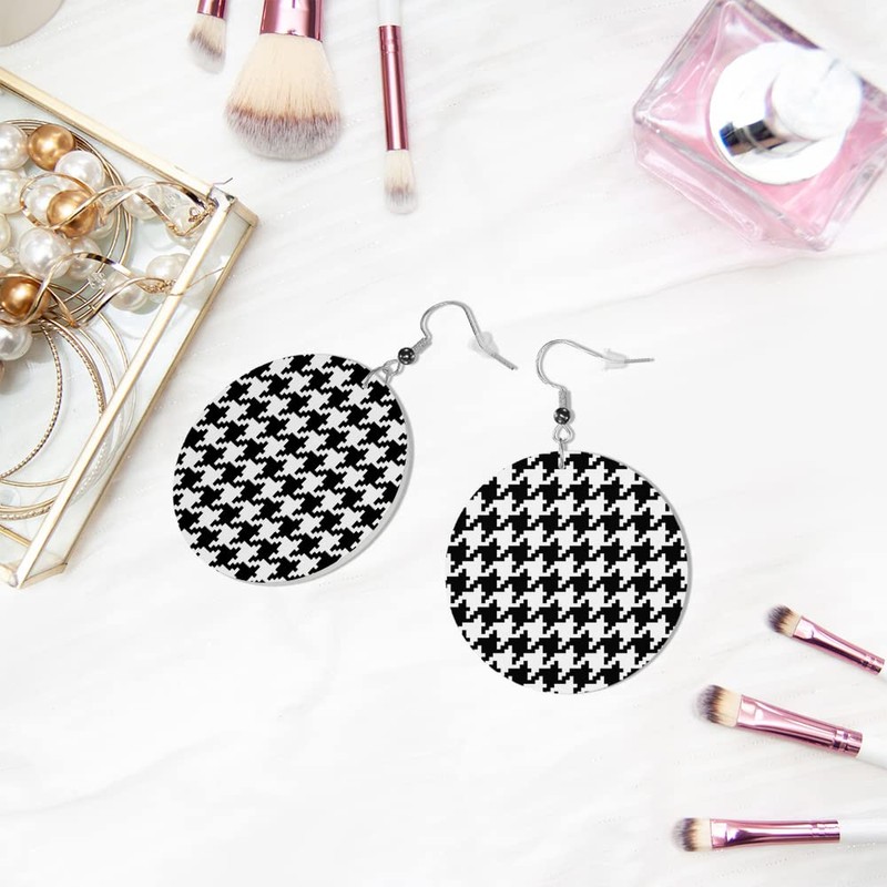 Swono Houndstooth Round Faux Leather Earrings for Women Black and