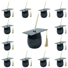 Graduation Cups with Lids and Straws, Reusable Plastic Cap Cups with Tassels, Bulk Graduation Party Favors for Class of 2025, Black Supplies for Grad Party(3 Pack)