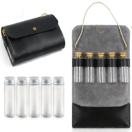 BY-J Camping Spice Kit with 5 Jars, Foldable Leather Spice Holder Seasoning Storage Bag, Condiment Container Set for Outdoor Picnic BBQ, Waterproof Travel Seasoning Container, Black