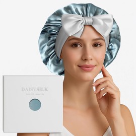 Silk Hair Bonnet for Sleeping – 100% Mulberry Silk, 22 Momme Double-Layered Cap with Adjustable Tie, Comfortable (US, Alpha, One Size, Blue + Grey)