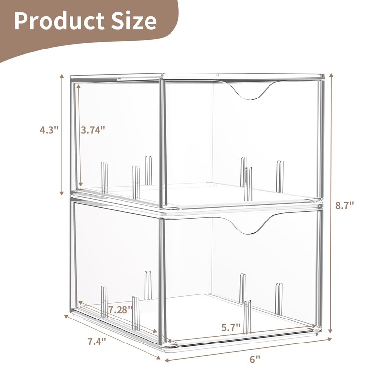 2 Pack Clear Tea Bag Organizers with Adjustable Dividers, Stackable