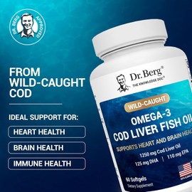 Dr. Berg Maximum Strength Omega-3 Cod Liver Fish Oil (1250 mg) from Wild-Caught Cod - Lemon-Flavored Omega-3 Fish Oil for Women & Men - EPA DHA Supplement – 60 Softgels