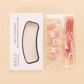 Nude White 3D Bow Pearl Heart Fake Nails Press On Nails Long Coffin Square,Glossy with Designs Full Cover Acrylic Glue on Nails Long Coffin False Nails Thick French Tip Stick on Nails for Women 24Pcs BZ1273