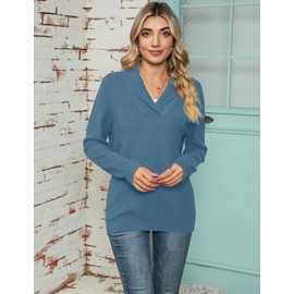 IECCP Ladies Jumpers V Neck Women's Long Sleeve Tops Lapel Knit Sweater Solid Color Pullover Gray Blue XL