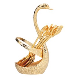 CHICIRIS Gold Zinc Alloy Dessert Spoons with Organizer, Swan Base Coffee Spoon Set, 6 Pieces, Flatware Dessert Spoons