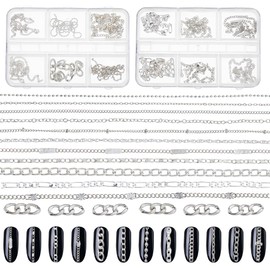 DICOSMETIC Pack of 12 2 Styles Nail Art Chains Metal Nail Art Chain 3D Silver Chains Alloy Nail Art Decorations Accessories Punk Nail Studs Pendant for DIY Nails Making Women Men