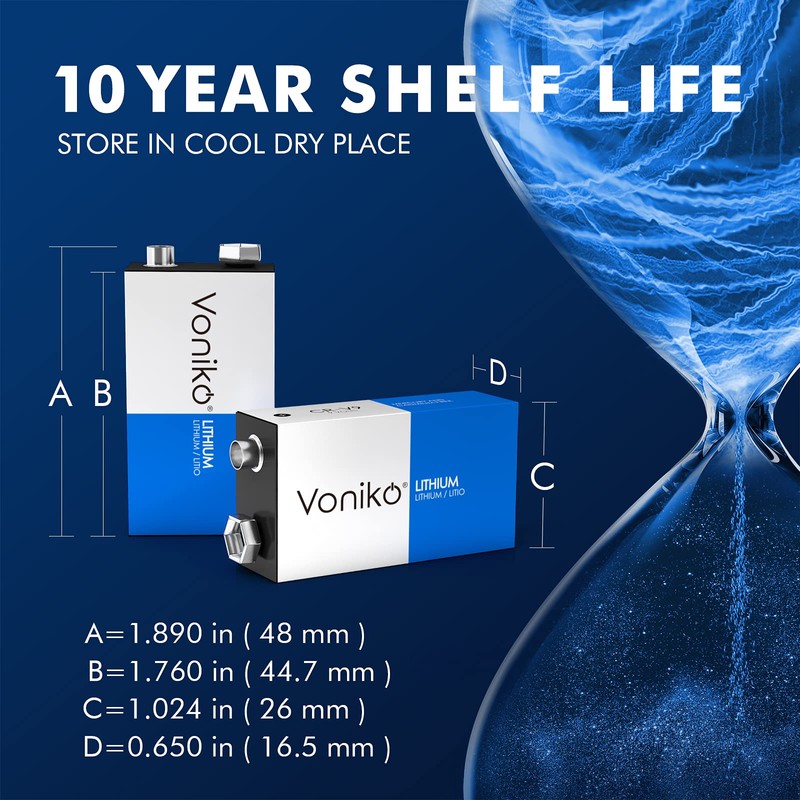 Voniko 9V Lithium Battery 2-Pack, 10-Year Shelf Life, Long-Lasting Power