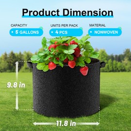 Land Guard 4-Pack Fabric Grow Bags 5 Gallon, Thickened Nonwoven Garden Pots, Growing Bags with Handles, Black