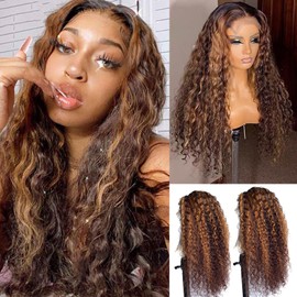 Water Wave Lace Front Wigs Ombre Brown Highlights Colored 13x6x1 Lace Part Human Hair Wig Pre Plucked Bleached Knots 9ABrazilian Remy Hair Lace Human Hair Curly Wig for Black Women 150% Density 12Inch