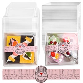 TECARATE Paper Charcuterie Boxes with Clear Lids and Stickers - 50 SETS 4 Inches Square Disposable Food Containers Bakery Boxes for Bakery, Macaron, Sandwich, Slice Cake, Cookies, Hot Cocoa Bombs