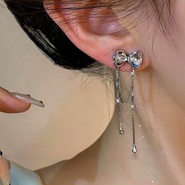 Atentuyi Bow CZ Stud Earrings Silver Chain Drop Earrings CZ Bow Earrings Chain Dangle Earrings Bow Crystal Earrings Chain Tassel Earrings Long Chain Earrings Jewellery for Women and Girls