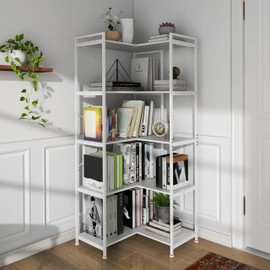 Tohomeor Bookshelf 5 Tier Deformable Corner Bookcase Free Standing Modern Industrial Book Storage Display Book Shelf for Bedroom Living Room Study Room Office (White)