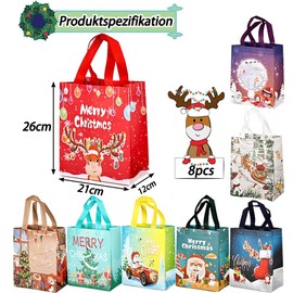 Pack of 8 Christmas Gift Bags, 26 x 21 x 12 cm Gift Bags, Christmas Gift Bags, Christmas Bags with Handles, Reusable Christmas Gift Bags