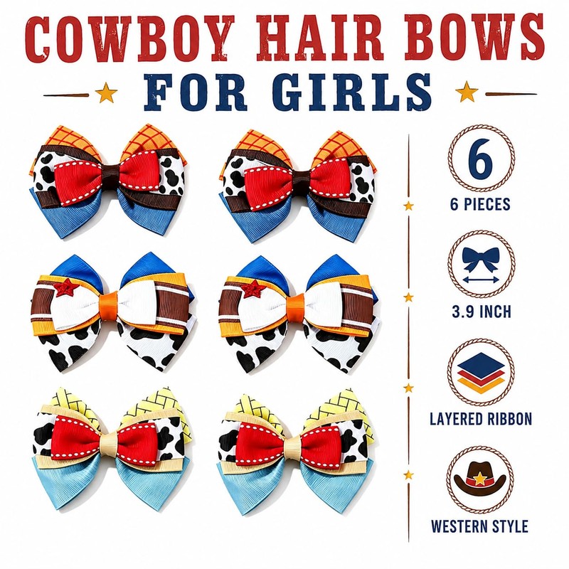 Danyarts 6 Pack Cowboy Hair Bows for Girls, Western Cowgirl