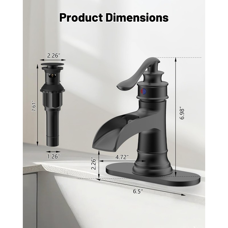 BATHLAVISH Matte Black Waterfall Bathroom Faucet, Single Handle Bathroom Sink