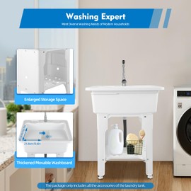 DDBESSIC Utility Laundry Sink, Multifunctional Freestanding Plastic Laundry Sink with Washboard and 360 ° Hot Cold Faucet Laundry Tub for Garage Garden (25.59 * 21.65 * 31.5in)