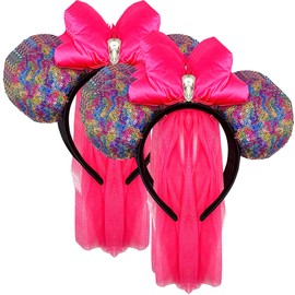 Needzo Sparkly Mouse Ears With Hot Pink Bow and Veil, Headband Accessory for Trip to Parks, Bachelorette Party, and Honeymoon, Bulk, (Pack of 10)
