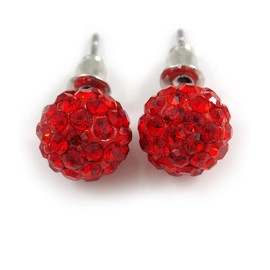 10mm Red Crystal Ball Stud Earrings In Silver Tone
