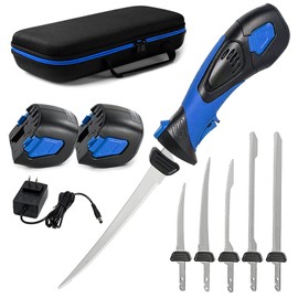 Pratuor Cordless Electric Fillet Knife - 5 Ti-Nitride Coated Non-Stick Blades, Ergonomic Non-Slip Grip Handle & Cooling Vent Stylish with Carry Bag,Perfect Electric Knife for Cutting Board Effortless Fishing (Blue)